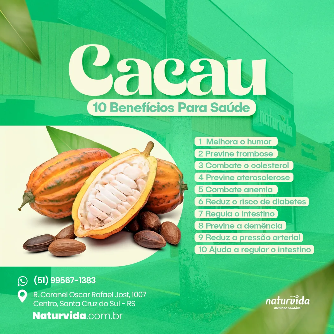 Peça de design gráfico: 10 benefícios do cacau. Filipe Dressler, designer gráfico em Santa Cruz do Sul