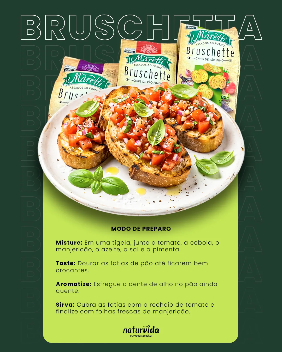 Peça de design gráfico: Modo de preparo, Bruschetta. Filipe Dressler, designer gráfico em Santa Cruz do Sul